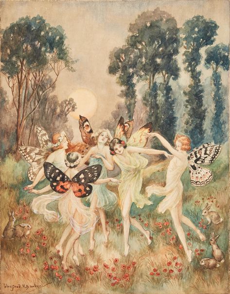 WINEFRED. V. BARKER (England, 1900). "The Harvest Moon", signed, illustration, watercolor on paper. Faery Art, Fairies Dancing, Fairy Illustration, Vintage Fairies, Fairytale Art, The Harvest, Harvest Moon, Mystical Creatures, Ethereal Art