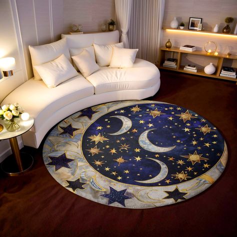 Introducing our stunning Round Moon Rug - a celestial masterpiece that brings the enchanting beauty of the night sky into your home. This exquisite rug features a mesmerizing design of moons and stars, rendered in deep blue and gold colors, creating a luxurious and captivating look that will transform any room into a stylish sanctuary. Crafted from high-quality polyester, its resilient construction makes it ideal for high-traffic areas, promising a long-lasting and elegant addition to your home. Fantasy Inspired Room Decor, Celestial Blue Bedroom, Witchy Home Aesthetic Living Room, Sun And Moon Bedroom Theme, Celestial House Decor, Star Bedroom Aesthetic, Star Themed Room, Dark Blue Room Decor, Celestial Living Room