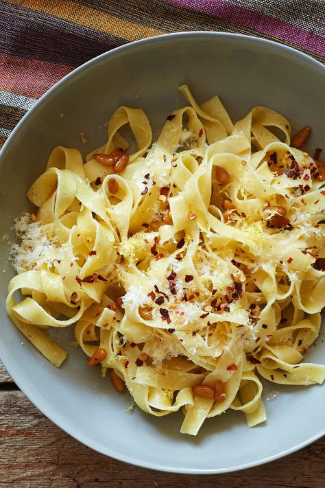 Pasta With Bacon, Cheese, Lemon and Pine Nuts Recipe - NYT Cooking Pasta With Butter, Pasta With Bacon, Pine Nut Recipes, Whole Roasted Cauliflower, Butter Pasta, Bacon Pasta, Red Lentil Soup, Small Pasta, Nyt Cooking