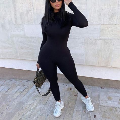 Black One Piece Jumpsuit, Slim Jumpsuit, Casual Activewear, Stylish Jumpsuit, Jumpsuit Outfit, Long Romper, Casual Sportswear, Jumpsuits And Romper, Long Sleeve Jumpsuit