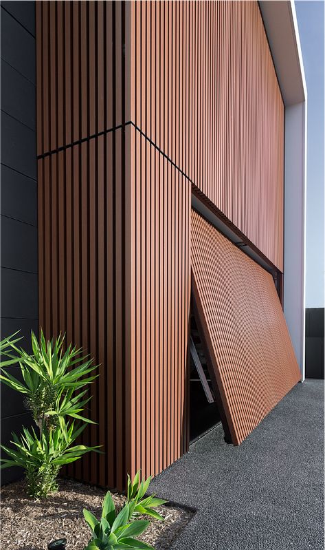 Garage Doors Australia, Cool Garages Exterior, Exterior Cladding Australia, Cladding House Exterior Australia, Wood Cladding Exterior Modern, Wall Cladding Exterior Ideas, Garage Doors Ideas, Modern Garage Design, Garage Facade