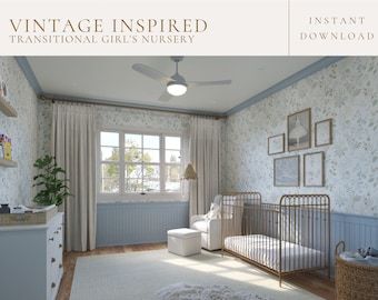 DIY a perfect nursery for your little one! Currently ON SALE for $29.25 during CYBER MONDAY SALE! Interior home design. DIY. Vintage Inspired. Unique. Nursery design. Wallpaper. Vintage Wallpaper. Baby room. Cohesive design. Simple. Elegant. One of a kind. Nursery Vintage Wallpaper, English Style Nursery, Bridgerton Themed Nursery, Light Blue Girls Nursery, Blue Vintage Nursery, French Blue Nursery, Pepper Home Nursery, Nancy Meyers Nursery, Slate Blue Nursery