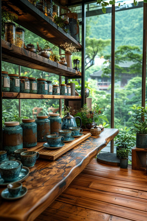 35 Amazing Tea Station Designs for Tea Time Bliss Tea Display Ideas, Tea House Aesthetic, Tea Room Aesthetic, Tea Station Ideas, Tea House Interior, Detailed Kitchen, Tea Bars, Tea Area, Cottage Village