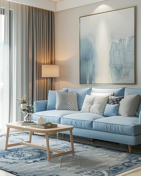 Blue And Beige Sofa, Blue Sofa In Living Room, Light Blue Sofa Living Room Ideas, Blue Sofa Ideas, Neutral And Blue Living Room, Sky Blue Living Room, Light Blue Sofa Living Room, Blue Sofa Living Room Ideas, Blue Sofa Living Room