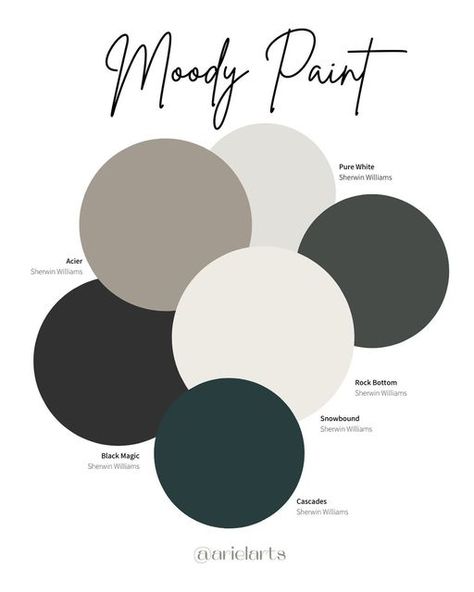 Black Paint Pallet, Moody Color Palette Sherwin Williams, Black Paint Scheme, Color Scheme With Black And White, Black Interior Paint Ideas, Black Paint Palette, Modern Industrial Paint Colors, Black Bedroom Color Palette, Moody Modern Color Palette