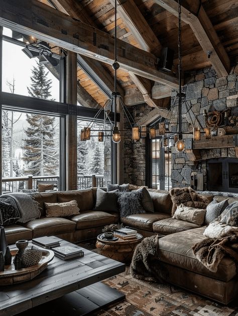 Rustic Log Cabins: Rustic Industrial Living Room Design with Metal Fixtures Log Cabin Home Decor, Contemporary Log Cabin, Cabin Living Room Aesthetic, Modern Rustic Living Room Design, Rock Wall Interior Living Room, Cabin Palette, Lodge Living Room Ideas, Dark Farmhouse Living Room, Modern Log Cabin Decor