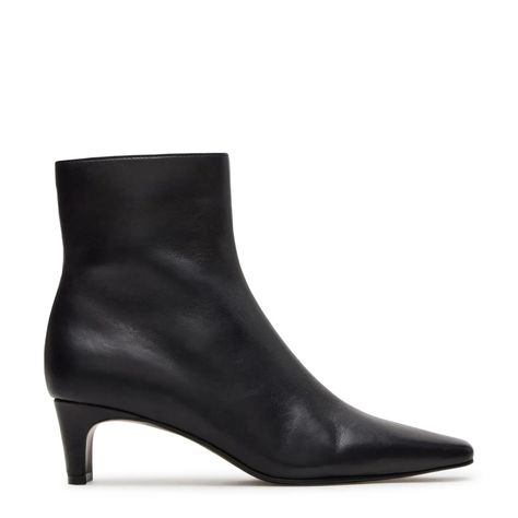 Step out in contemporary style wearing these women s Steve Madden Della1 black pant booties. Constructed with rich leather upper, these fashion booties have a pointy square toe and an inside zipper closure for a precise fit. Textile and synthetic lining offer exceptional comfort, while the durable synthetic outsole lends a firm footing. The kitten heel enhances the style quo. | Steve Madden Women's Della1 Bootie in Black Size 5. 5 Medium Black Pointed Toe Boots, Afrotech Outfits, Heel Boot Outfits, Ankle Booties Outfit, Black Booties Outfit, Fall Shoe Trends, Fall Wishlist, Dress Boots Women, Fall Shoe