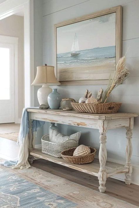 Home Decor Ideas Beach Coastal Style, Coastal Inspired Home, Coastal Console Table Entryway, Sea Side Decor, Coastal Boho Entryway, Contemporary Coastal Decor, Diy Coastal Furniture, Living Room Beach Theme, Lake House Entryway Ideas