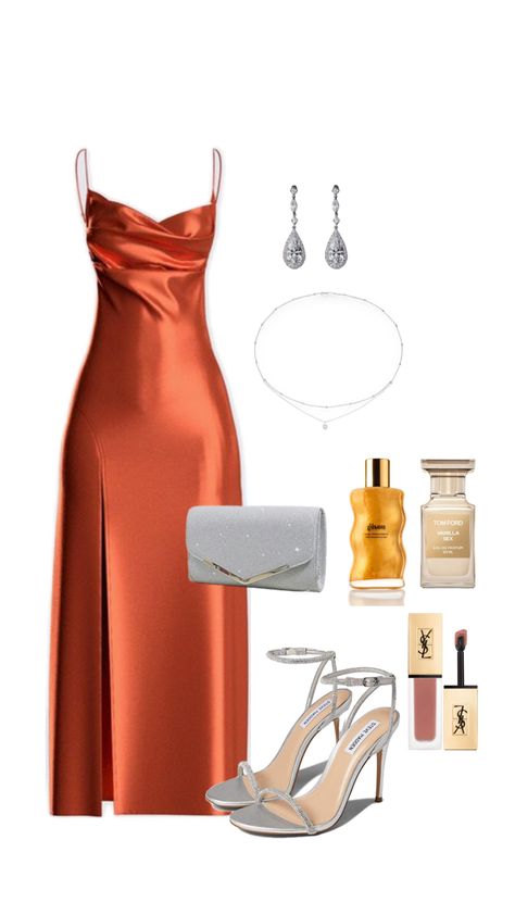 Classy dinner outfit with orange dress and silver assesories Fancy Date Night Outfit Dresses, Fancy Dinner Outfit Classy, Dinner Gowns Classy Style, Dinner Gowns Classy, Fancy Dinner Dress, Heels Outfits Dress, Orange Satin Dress, Dinner Outfit Classy, Dinner Date Outfit