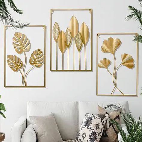 Gold Metal Wall Art, Nordic Lights, Bilik Tidur, Gold Wall Art, Leaf Wall, Metal Wall Hangings, Leaf Wall Art, Metal Wall Art Decor, Wall Decor Set