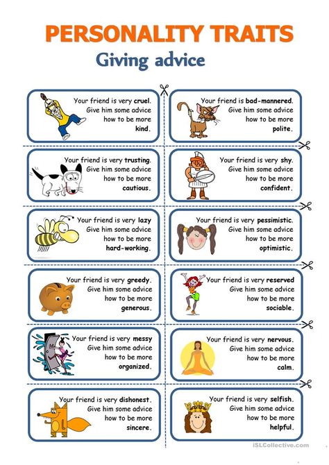 Personality traits - Giving advice - English ESL Worksheets for distance learning and physical classrooms Character Traits Worksheet, Character Trait Lessons, Speaking Activities English, Character Trait Worksheets, Ingles Kids, Speaking Cards, Character Worksheets, Materi Bahasa Inggris, Conversational English