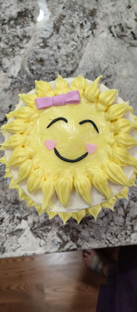 Made this for my granddaughter's 1st Trip Around the Sun birthday party!! Sun Cake Birthday, 1st Trip Around The Sun Birthday Cake, Sun Smash Cake, First Trip Around The Sun Birthday Cake, First Trip Around The Sun Cake, Sunshine Smash Cake, Sun Birthday Party, 1st Trip Around The Sun, Sun Cake