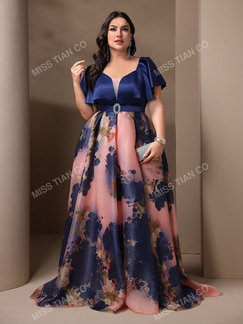 Plus Size Floral Print Patchwork Bridesmaid Maxi DressI discovered amazing products on SHEIN.com, come check them out! Gowns For Plus Size Women Shein, Floral Print Georgette Lehenga Maxi Length, Rose Flower Plus Size Dress, Shein Maxi Dress, Multicolor Free Size Floor-length Maxi Dress, Multicolor Floral Print Maxi Dress, Free Size, Maxi Dress Floral, Chic Dress Classy, Maxi Bridesmaid Dresses