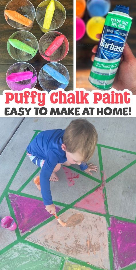 Your kids will love brightening up the sidewalks and driveways this summer with these fun, vibrant, puffy paint colors! If you’re looking for outdoor activities for your children this spring or summer, your kids are going to have a blast with this simple outdoor activity. This homemade sidewalk paint makes for the perfect inexpensive activity your kids will enjoy doing over and over again. Great for kids of all ages! This boredom buster kept my 3 year old busy for hours. Kid Outside Activities, Chalk Games Outside, Preschool Outside Activities, Puffy Chalk Paint, Outdoor Water Activities For Kids, Water Activities Preschool, Diy Sidewalk Chalk Paint, Diy Sidewalk Chalk, Preschool Outdoor Activities