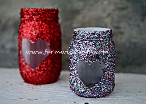 DIY Heart Mason Jar - The Farmwife Crafts Spray Painting Glass, Valentine Mason Jar, Mod Podge Glitter, Valentine's Decor, Battery Operated Tea Lights, Diy Heart, White Spray Paint, Three Girls, Diy And Crafts Sewing