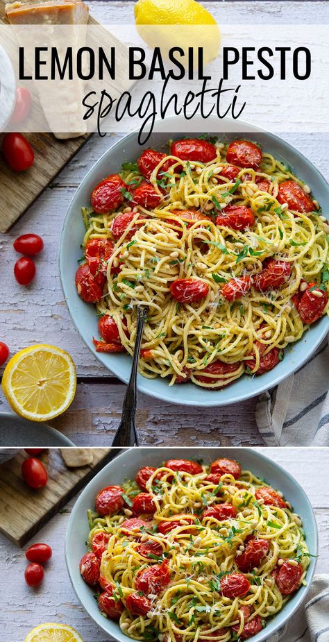 Lemon Basil Pesto Recipe, Pasta With Pesto And Tomatoes, Cherry Tomato Pesto, Lemon Basil Recipes, Things To Make With Basil, Basil Pesto Pasta Recipes, Pesto Dinners, Summer Italian Recipes, Recipes With Basil