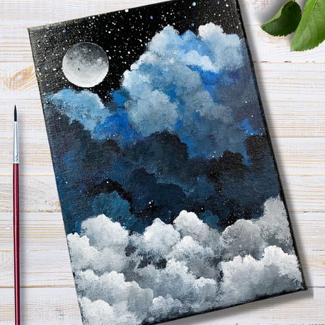 Cool Paintings With Black Background, How To Make Cloud On Canvas, Paintings On A Black Background, Black Background Paintings Easy, Cute Paintings With Black Background Easy, Black Paint Canvas Ideas, Acrylic Black Background Painting, Cute Black Canvas Paintings, Canvas Drawing With Black Background