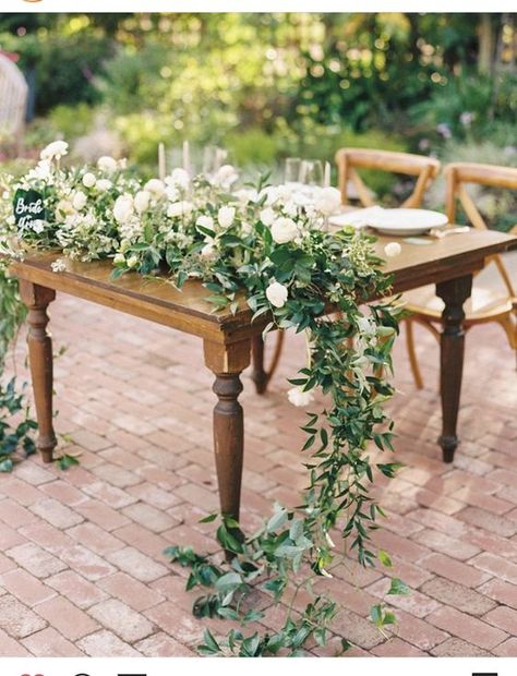 maybe a little less height though since I'm short Sweetheart Table Wedding Greenery, Wedding Sweetheart Table Flowers, Sweetheart Table Greenery, Summer Wedding Flower Arrangements, Sweetheart Table Garland, Langdon Hall, Rose Garland Wedding, Farm Table Wedding, Sweetheart Table Flowers