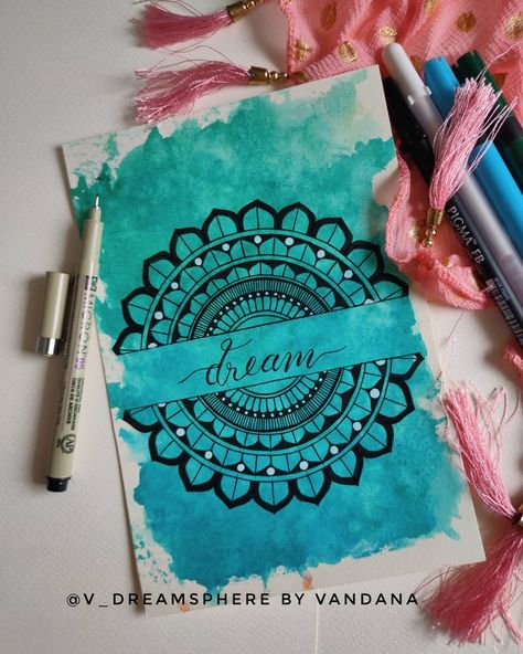 Mandala with water color background. Mandala On Coloured Background, Mandala On Watercolour Background, Calligraphy With Background, Journal Art Ideas Easy, Mandala With Painting, Sanskrit Portfolio Cover Page, Mandala Art With Watercolor, Mandala Card Design, Mandala Art With Colourful Background