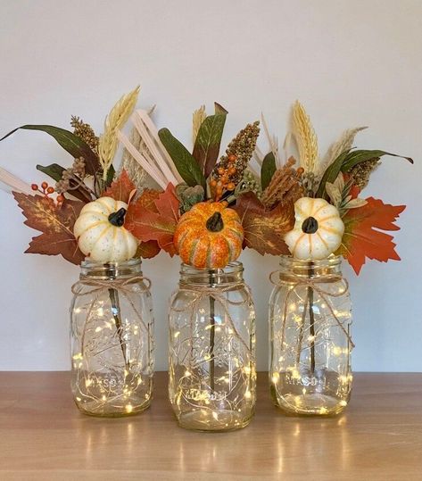 Fall Decor Table Centerpiece for Fall Mason Jar Farmhouse Home Decor Thanksgiving Rustic Home Decor Set of 3 - Etsy Fall Decor Ideas For The Home Bathroom, Fall Birthday Party Centerpieces, Fall Womens Conference Decor, Fall Fellowship Ideas, Mason Jar Centerpieces For Fall Weddings, Thanksgiving Party Centerpieces, Fall Event Decorations, Thanksgiving Party Table Decorations, Fall Theme Table Decor