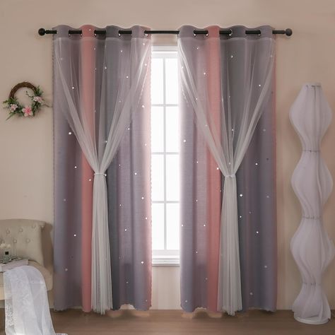 PRICES MAY VARY. Product Packaging: The package includes 2 panels. The panels have a two-tiered design consisting of sheer curtains and blackout curtains printed with laser-cut star accents. Each curtain panel has 8 grommets at the top of the panel for easy installation on most standard curtain rods. Romantic Design: The curtains are double layered, using blackout printed curtains for the inner layer and tulle for the outer layer. We used a high tech laser to cut out stars on the inner curtains, Pink And Grey Curtains, Rain Bedroom, Pink Curtains Nursery, Sky Environment, Living Room Decor Pink, Graces Room, Girls Room Curtains, Star Window, Romantic Dream