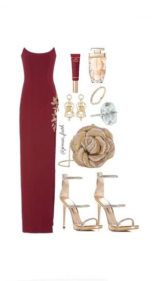 100 Get ready for a night out in a formal mix of burgundy and gold. #ShopStyle #shopthelook #MyShopStyle #WeddingGuestLooks #BlackTieLooks #WeekendLook #DateNight #GirlsNightOut #OOTD Red Dress Gold Accessories, Red And Gold Outfit, Gold Shoes Outfit, Red And Gold Dress, Red Dress Accessories, Burgundy Outfit, Mode Chic, Beauty Dress, Night Out Outfit