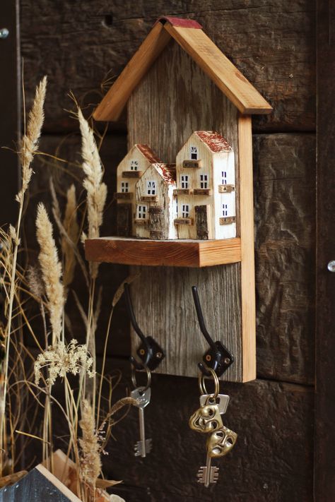 Decorative Hanger 🗝Handmade wooden coat or key hooks. Driftwood vilage ◇ Village🔸️ ხე ▪︎ Wood ტყავი ▪︎ Leather House Keychain, Handmade Hanger, Scrap Wood Crafts, Woodworking Art, Small Wooden House, Driftwood Wall Art, Driftwood Decor, Scrap Wood Projects, Driftwood Crafts