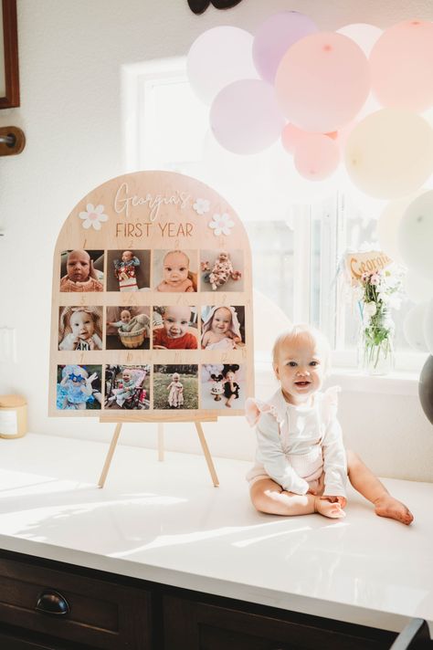 One Year Bday Decorations, 1 Year Picture Board, One Year Birthday Photo Display, One Year Photo Display, First Birthday Party Picture Display, 12 Month Birthday Board, 1 Year Photo Board, One Boxes Birthday, 1st Birthday Milestone Pictures