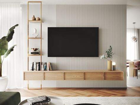 Elegant harmony - Home Interior Design | Prostornina | Interior Design Scandinavian Living Room Tv Wall, Family Home Interior Design, Scandinavian Tv Unit, Female Elegance, Family Home Interior, Tv Zone, House Interior Design Living Room, Living Room Wall Units, Tv Unit Interior Design