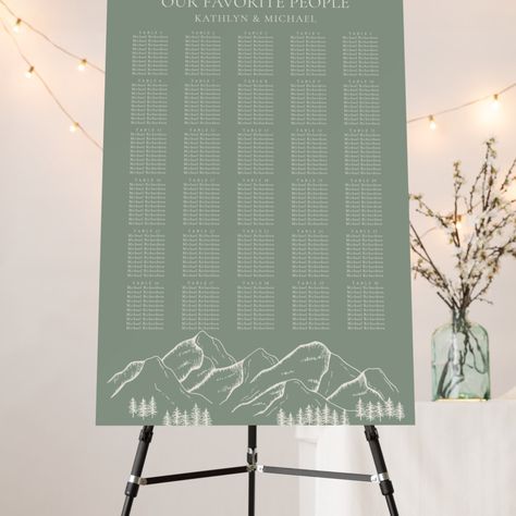 Minimalist Outdoor Wedding, Sage Seating Chart, Green And White Wedding Seating Chart, Mountain Tree, Table Seating Chart, Sage Green Wedding, Green Mountain, Foam Board, Seating Charts