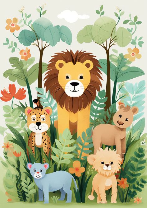 Colorful kids' nursery poster with cheerful jungle animals like a lion, leopard, cub, and other creatures surrounded by lush green plants and blooming flowers Jungle Canvas Painting, Lion Painting For Kids, Jungle Mural For Kids, Cartoon Poster Design, Billy Bedroom, Cartoon Jungle, Jungle Pictures, Birthday Animals, Jungle Animals Nursery