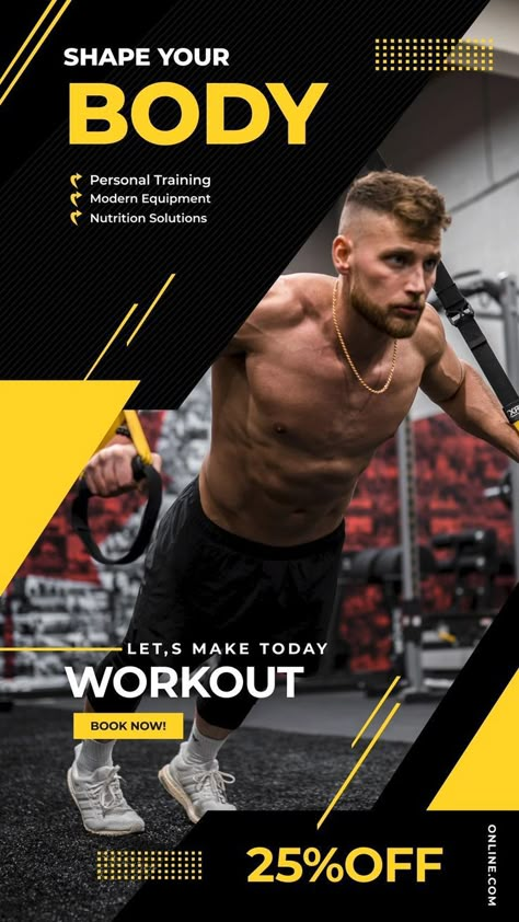 Gym Workout Instagram Story Idea - Personal Training Male Body Routine Promotional Video with Code [Video] | Social media page design, Social media design, Fitness flyer Workout Instagram Story, Gym Advertising, Easy Photoshop Tutorials, Workout Instagram, Workout Book, Facebook Stories, Body Routine, Fitness Flyer, Gym Poster