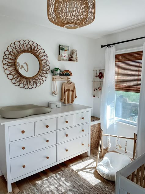 Boho Nursery Dresser, Dresser With Changing Table On Top, Ikea Dresser Nursery, Above Changing Table Decor, Nursery Dresser Ideas, Nursery Dresser Changing Table, Ikea Changing Table Hack, Ikea Nursery Storage, Nursery Dresser Decor