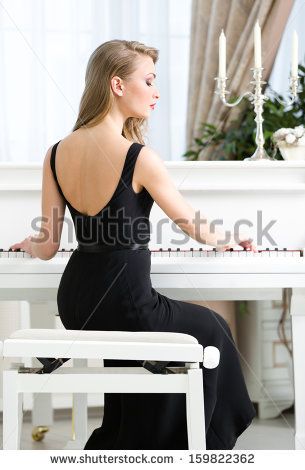 Back view of woman in black dress sitting and playing piano. Concept of music and enjoyment - stock photo Elizabeth Piano Senior Pictures, Piano Photoshoot, Recital Poster, Woman In Black Dress, Piano Photography, Piano Pictures, Piano Photo, Piano Girl, White Piano