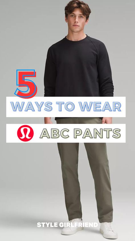 headline: 5 ways to wear lululemon abc pants, image: man in black sweatshirt and olive green pants Mens Lulu Lemon Outfits, Lululemon Abc Pants Men, Mens Abc Pants Outfit, Lulu Abc Pants Outfit Men, Lululemon Pants Men, Mens Lululemon Abc Pants Outfit, Lululemon Mens Outfits, Abc Pants Lululemon Men Outfit, Green Pants Outfit Men Street Styles