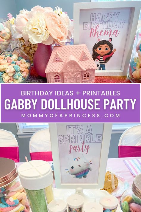 Get inspired with these Gabby's Dollhouse party ideas. From colorful Gabby Dollhouse birthday decorations that transform your space into a whimsical wonderland to engaging activities, we've got everything you need. Creative favors ideas that guests will adore and make the party unforgettable with our exclusive FREE printables. Embrace the Gabby's Dollhouse party theme in every detail, creating a purr-fectly delightful day filled with fun, imagination, and feline friends! Gabby Dollhouse Birthday Party Ideas Diy, Gabby Sprinkle Party, Gabby’s Dollhouse Activities, Cat Birthday Party Activities, Gabby Dollhouse Free Printable, Free Gabby Dollhouse Printables, Gabbys Dollhouse Birthday Centerpieces, Gabbys Dollhouse Birthday Party Favors, Gabbys Dollhouse Birthday Party Free Printables