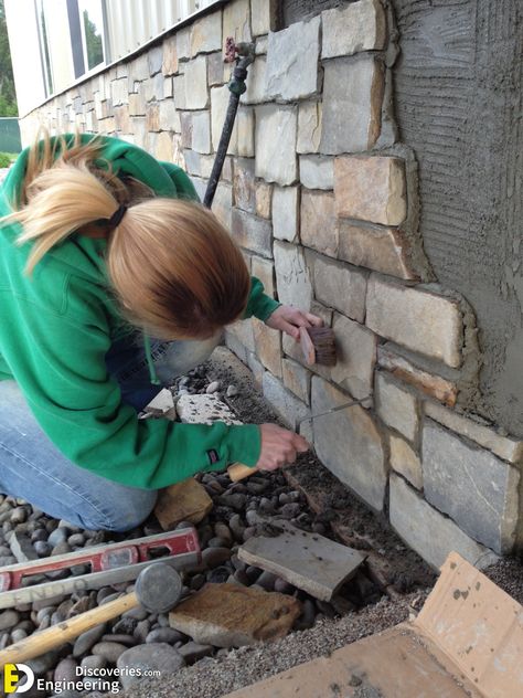 How To Install Natural Stone - DIY Stone Facing - Engineering Discoveries Diy Stone Wall, Stone Cladding Exterior, Building A Stone Wall, Stone Veneer Exterior, Natural Stone Cladding, Stone Diy, Stone Wall Design, Stone Wall Cladding, Natural Stone Veneer