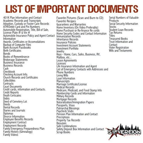 List Of Important Documents, Important Papers To Keep, Binders To Organize Life, Important Paperwork Organization, Shelter In Place Supplies List, Business Binder Organization, Home Binder Organization, Shtf Storage, Home Filing System Categories