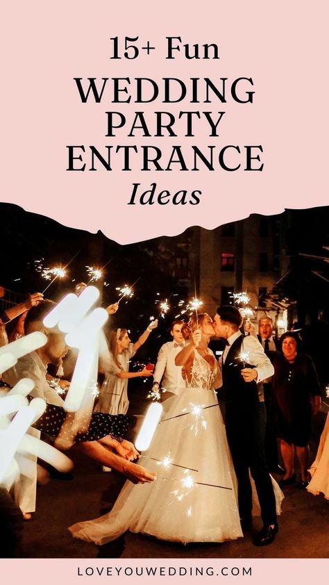 Set the tone for your wedding reception with a fun and creative wedding party entrance! We’re sharing 15 awesome wedding party entrance ideas including the best wedding party entrance songs, dances, ideas, and more! Creative Wedding Entrance Ideas, Songs To Walk Into Wedding Reception, Wedding Walk In Ideas, Wedding Reception Walk In Ideas, Entrance To Wedding Reception, Grand Wedding Entrance, Grand Entrance Wedding Ideas, Bridal Party Walk In Songs Reception, Wedding Entrance Ideas Funny