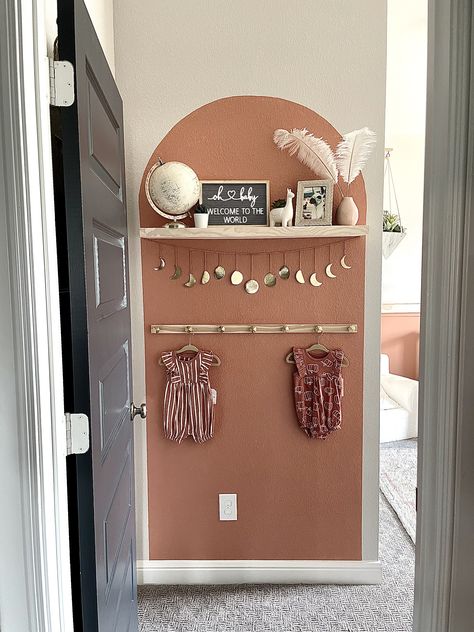 Boho Wall Murals Painted Nursery, Painted Arch Dining Room, Accent Arch Paint, Arch Accent Wall Nursery, Painted Arch With Shelf, Painted Arch In Kitchen, Painted Arch In Nursery, Arch In Nursery, Painted Arch Bookshelf