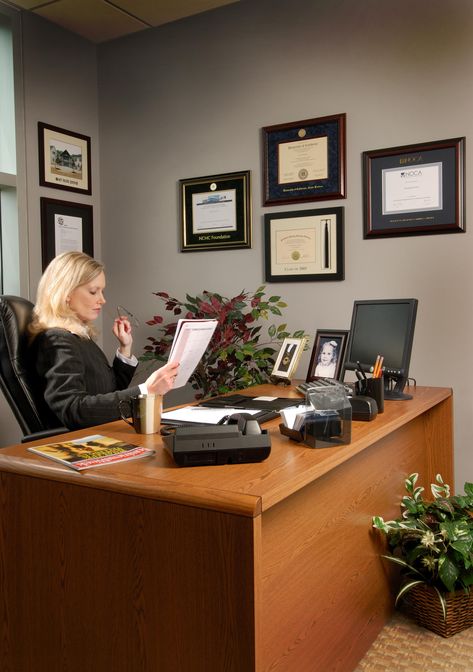 Office Wall with Achievement Frames Diploma Display Wall, Diploma Wall Decor, Principal Office Decor, Diploma Display, Executive Office Decor, Office Furniture Layout, Small Office Design Interior, Business Office Decor, Law Office Decor