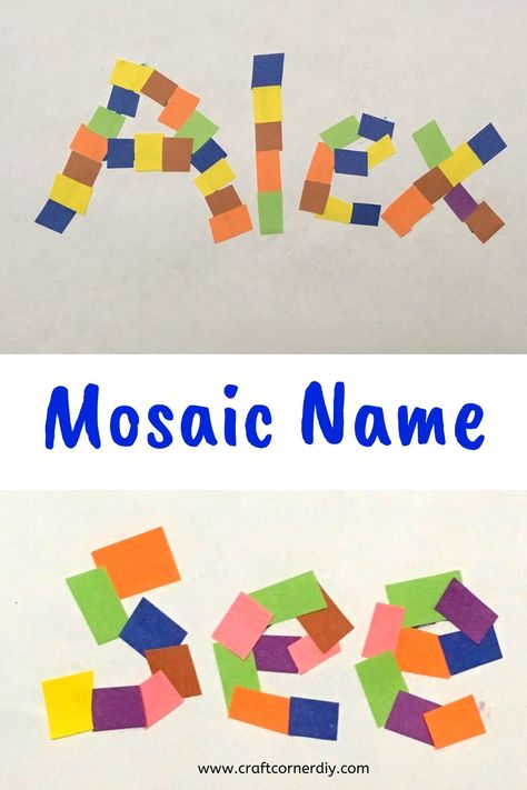 I love this colorful name mosaic.  Perfect craft for kindergarten or preschool.  #kidscraft #craftforkids Square Art Projects For Preschoolers, Preschool Crafts Construction Paper, Preschool Square Crafts, Square Art Preschool, Glue Crafts For Toddlers, Easy Name Crafts Preschool, Crafts With Construction Paper For Kids, Pattern Art Preschool, Preschool Square Activities