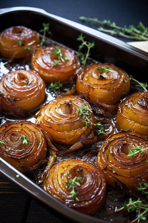 Roasting Onions In Oven, Roasted Balsamic Onions, Roasted Onion Recipes, Elevated Food Recipes, Xmas Sides Dishes, Baked Stuffed Onions Whole, Hallowrrn Party Foods, Rustic Thanksgiving Recipes, Roasted Onions Oven