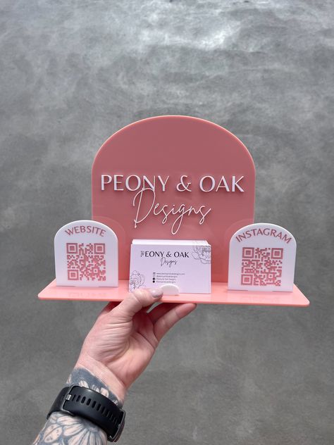 Acrylic Business Card & QR Signage Stand – Peony & Oak Designs Signage Stand, Acrylic Business Sign, Ideas Decoracion Salon, Logo Signage, Custom Business Signs, Nail Salon Decor, Logo Beauty, Small Business Packaging Ideas, Social Media Signs