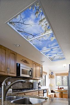 Put a sky view in your home anywhere. Skylight Design, Sky Ceiling, Skylight Window, Fake Window, Faux Window, Ceiling Murals, Smart Glass, Ceiling Art, Plafond Design