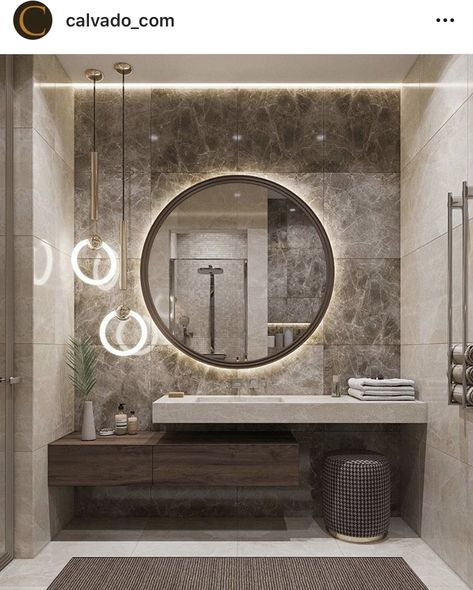 Guest Bathroom Design, Backlit Bathroom Mirror, Large Bathroom Mirrors, Washbasin Design, Bathroom Inspiration Modern, Bathroom Decor Luxury, Washroom Design, Bathroom Mirror Lights, Floor Tile Design