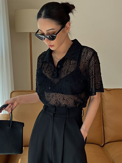 Black Elegant Collar Short Sleeve Fabric Plain  Embellished Non-Stretch  Women Tops, Blouses & Tee Black Transparent Top Outfit, Transparent Top Outfit, Black Blouse Outfit, Tops Transparentes, Haut Transparent, Outfit Elegantes, Stand Collar Top, Without Bra, Black Sheer Top