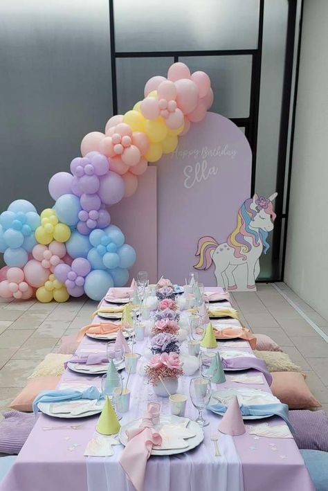 First Bday Unicorn Theme, Unicorn Birthday Setup, Pastel Rainbow And Unicorn Party, Unicorn Themes For Birthday, 1st Birthday Party Unicorn Theme, Unicorn Theme First Birthday, Unicorn Bday Decorations, Unicorn 1st Birthday Party Decorations, Pastel Colors Decoration Party