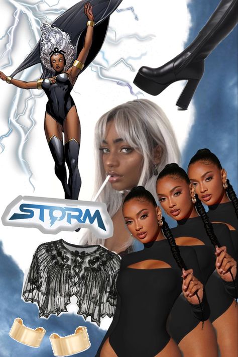 Black body suit, knee high black boots, sheer lace overthrow, gold cuffs, messy silver hair Storm Costume Black Women, Storm Xmen Costume, Storm Halloween Costume, Pretty Woman Halloween Costume, Storm Costume, Storm Cosplay, Simple Halloween Costume, Costumes 2024, Makeup Easy