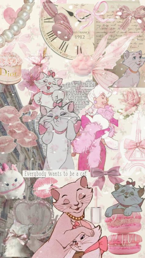 Iphone Wallpaper Purple Flower, Vintage Disney Posters, Disney Aristocats, Marie Cat, Gata Marie, Pink Wallpaper Girly, Bow Wallpaper, Marie Aristocats, Disney Collage